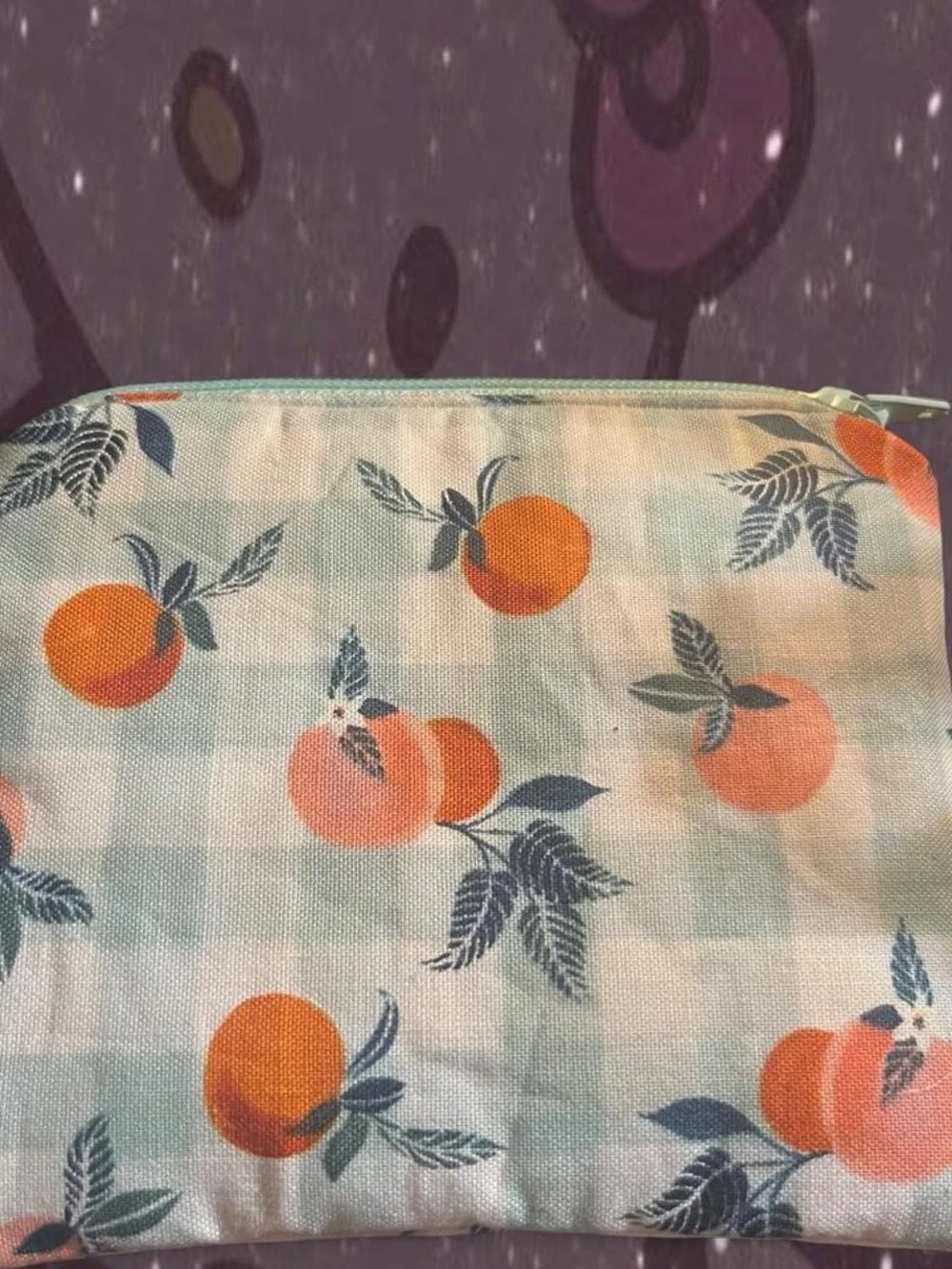 Mint Plaid Cosmetic Pouch with Orange Fruit Print